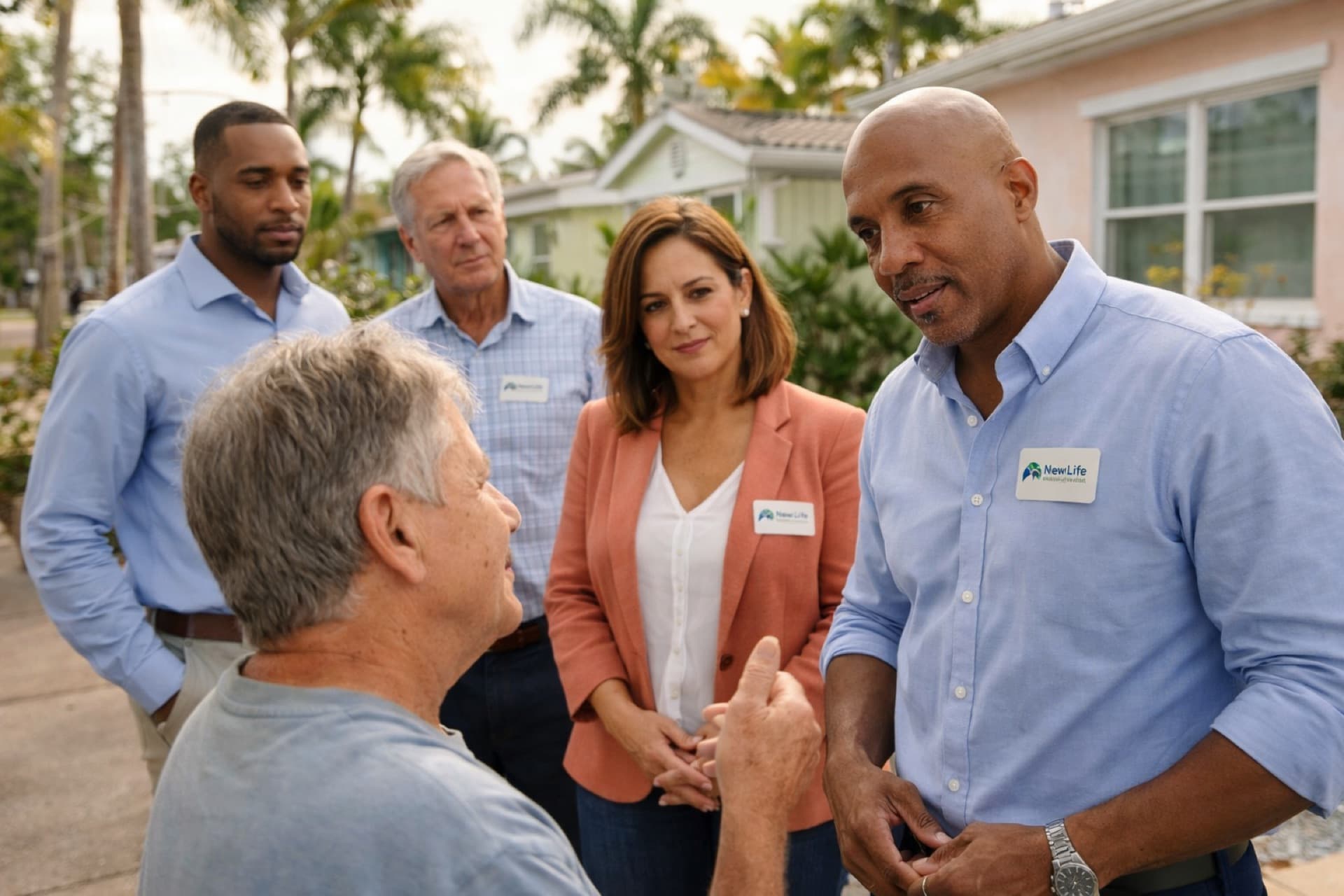 Kenya of NewLife Home & Investments talking with a homeowner in a South Florida neighborhood
