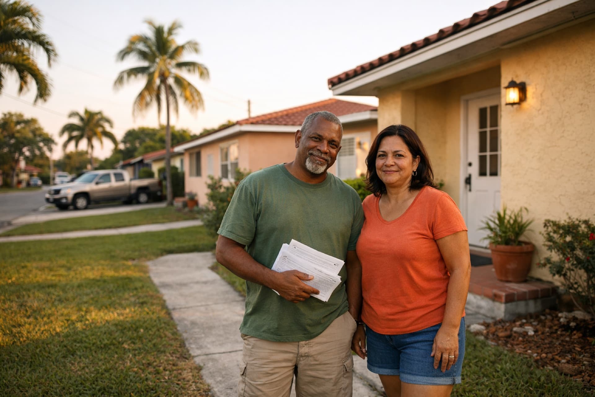 Homeowners in front of their South Florida home at golden hour